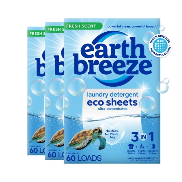 Earth Breeze Laundry Detergent Sheets Fresh Scent - 180 Loads Eco Liquidless Soap - Travel-Friendly for Hot & Cold Cycles, Tackles Tough St