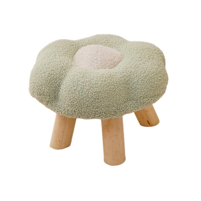 Small Foot Stool Sofa Footstool Multipurpose Comfortable Flower Shape Cartoon Ottoman in green with a soft, textured cushion and sturdy wooden legs. Ideal for use as an under desk stool, shoe changing stool, or kids stool in bedrooms, playrooms, entryways, and more. Compact size of 32cmx32cmx20cm.