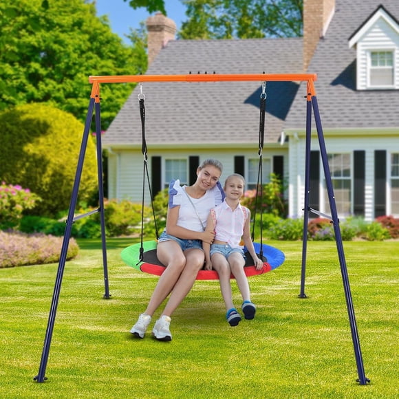 QinaQin Outdoor Swing Set for Kids – Heavy-Duty 440lbs Saucer Swing with Adjustable Ropes & Sturdy Metal A-Frame for Backyard, Playground, or Park