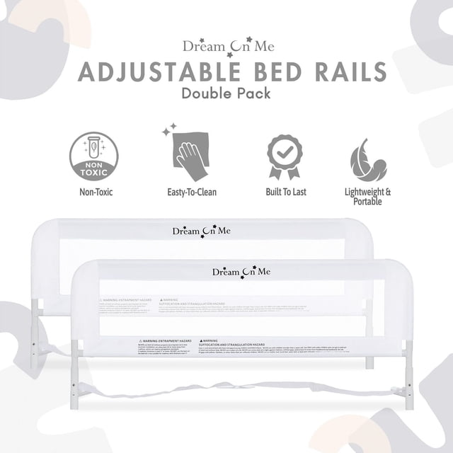 Dream On Me Adjustable Mesh Bedrail Double Pack with two white mesh toddler bed rails featuring sturdy steel frames, breathable nylon fabric, and safety warnings, designed for toddler safety, easy cleaning, portability, and durability.
