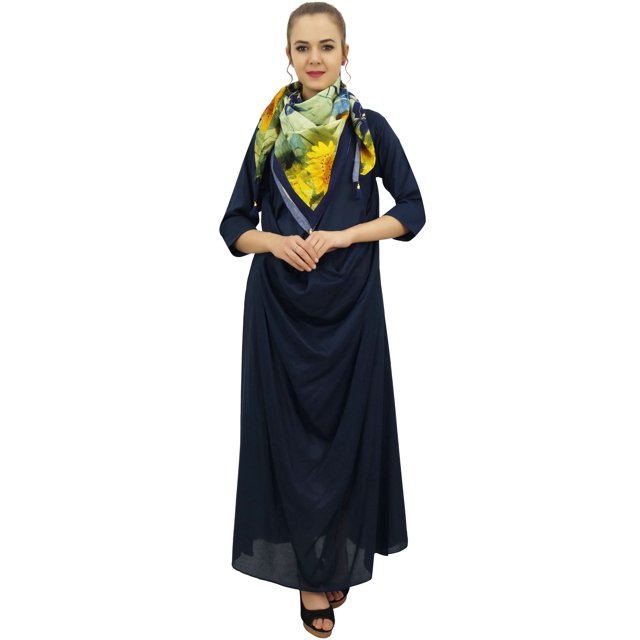 Bimba Robe Longue Bleu Marine à Col Bénitier pour Femme de Designer avec Foulard à Franges Imprimé - 24