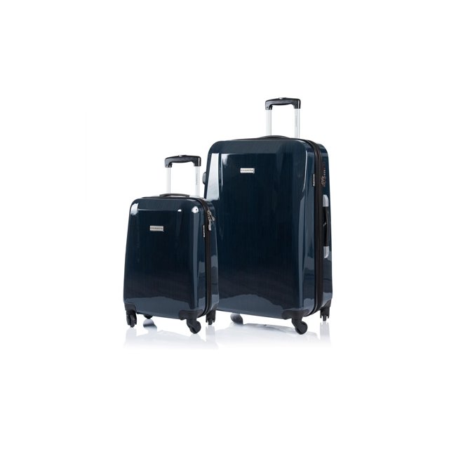 CHAMPS Express Escape Ensemble de 2 Pcs de Bagages Rigides avec une Valise Rigide Extensible de 28 Pouces et une Valise Cabine Approuvée TSA de 20 Pouces en polycarbonate Bleu Foncé Lustré, avec Poignées Télescopiques, Roues Pivotantes à 360 Degrés, et Poignées Supérieures et Latérales, Convient aux Voyageurs Fréquents et à un Emballage Organisé.