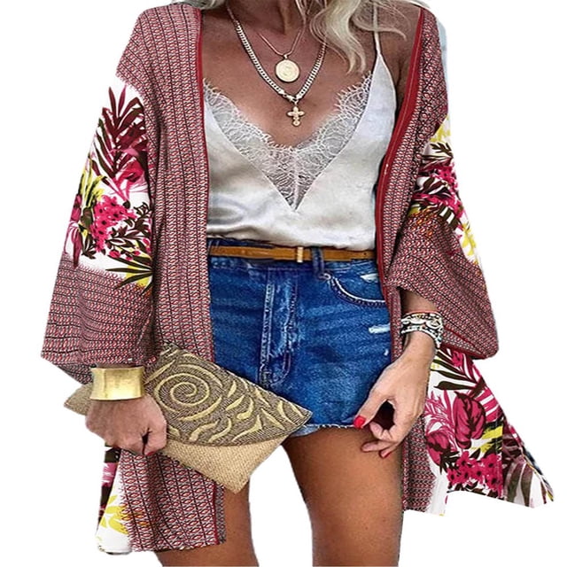 CHUANK Blouse à Manches Longues à Imprimé Bohème pour Femmes Grande Taille, par-Dessus, Kimono Cardigan Décontracté d'Été