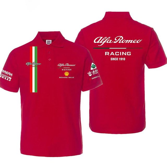 2025 New F1 Racing Suit Alfa Romeo short-sleeve polo shirt in red, designed for men. The front features the Alfa Romeo logo, Italian flag stripe, and sponsor logos like Shell and Richard Mille. The back displays the Alfa Romeo Racing logo with 'Since 1910' text. Made with breathable, quick-dry fabric, ideal for summer wear. Available in sizes XXS to 3XL.