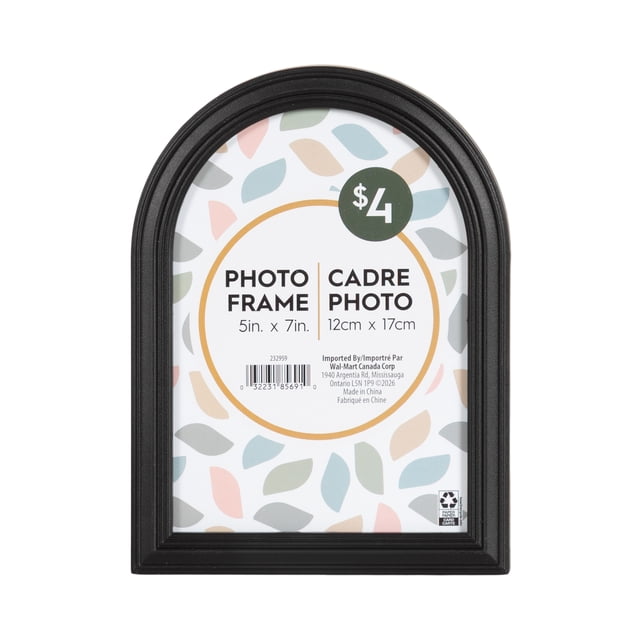 DesignOvation Maynor Arch 5x7 Black Picture Frame with vintage arch shape and stepped profile in matte black finish. Holds a 5 by 7 inch photo, includes an easel for tabletop display and a wall hanger. Suitable for mantels, desks, walls, and creating gallery walls or gifting.