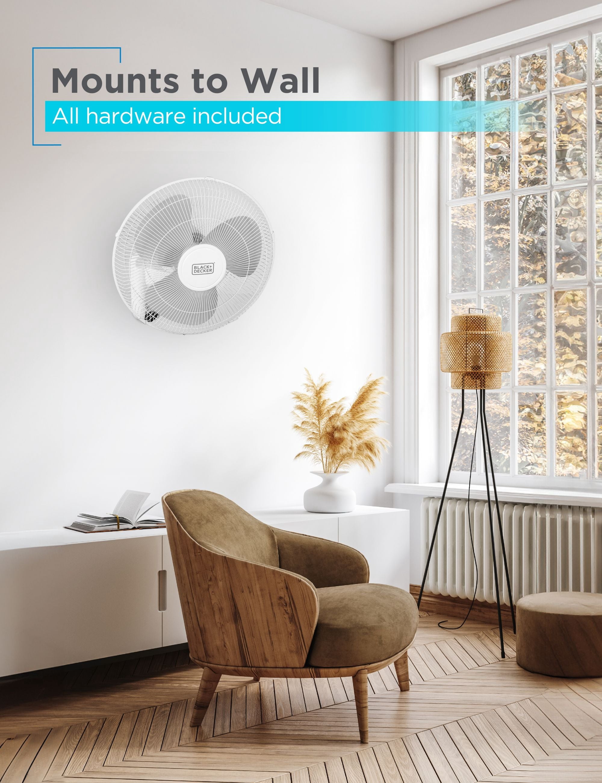 Ventilateur mural BLACK+DECKER 16 po avec télécommande, ventilateur oscillant à 3 vitesses et minuterie d'arrêt automatique