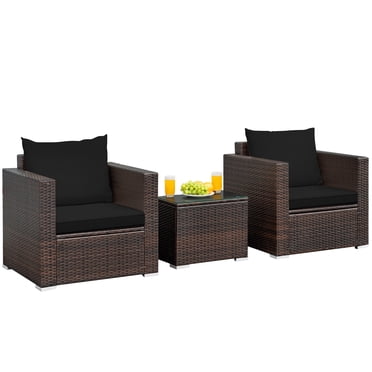 Patiojoy 3 PCS Patio Rattan Furniture Set with 2 Cushioned Sofas & Coffee Table for outdoor Black