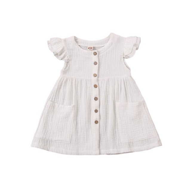 Gupgi Girls Fly Sleeve Dress Solid Color Round Collar Single-breasted Dresses