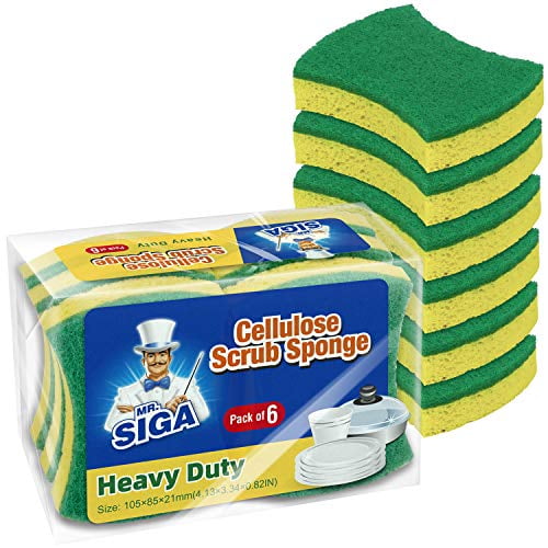 MR. SIGA Heavy Duty Cellulose Scrub Sponge, Dual-Sided Dishwashing Sponge for Kitchen, 12 Pack centered, front-facing view of stacked rectangular dual-sided sponges showing the green scrubbing layer and yellow cellulose side; kitchen scrub for dishes, pots, pans, sinks and stoves, strong absorption and quick-drying. Often used as a portable scrub for grill grates or camping cookware.