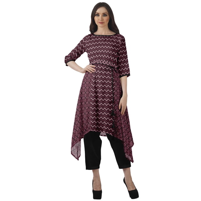 Moomaya Printed Kurti Kurta Pant Set Boat Neck WoMen's Asymmetric Ethnic Wear