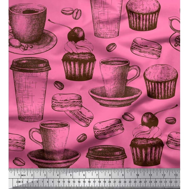 Soimoi polyester Crepe Fabric Burger,Cupcake & Cups Print Fabric by the Yard 52 Inch Wide