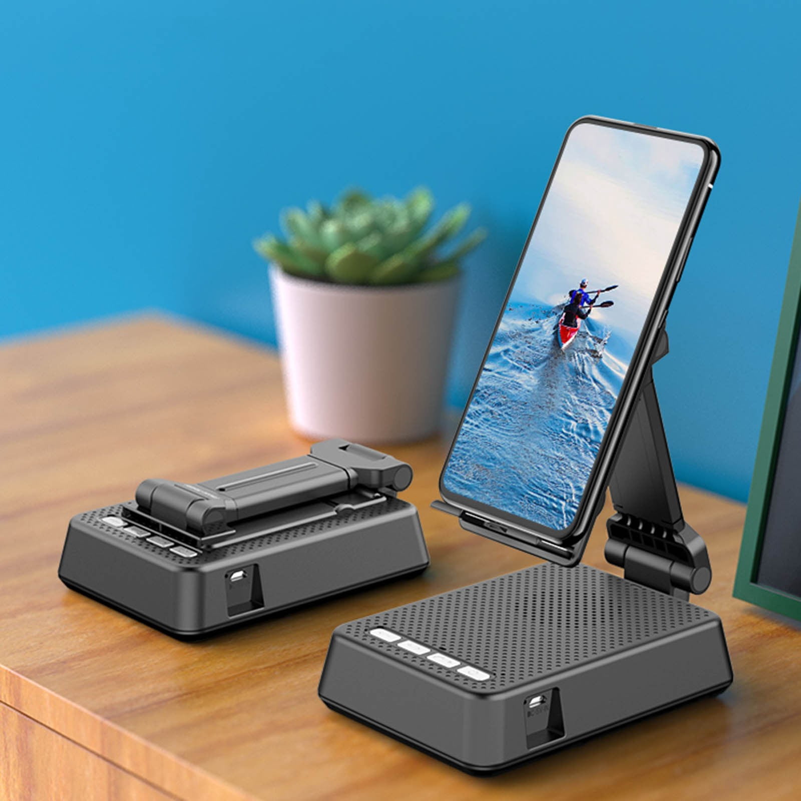ZZkhGO Foldable Phone Stand with Speaker, Wireless Bluetooth Desktop Stand, Portable Adjustable Holder for Mobile Devices