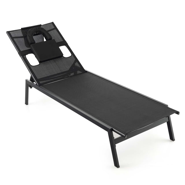 Costway Patio Tanning Lounge Chair 5-Position Outdoor Recliner with Face Hole Poolside. This black lounge chair features a rustproof metal frame and breathable, quick-drying fabric. It includes a U-shaped pillow, face hole, and side holes for face-down tanning, as well as a detachable headrest pillow for face-up relaxation. The backrest adjusts to five positions, including a flat setting, for reading, sunbathing, or napping. Designed for outdoor use, it is suitable for poolside, backyard, or patio settings.