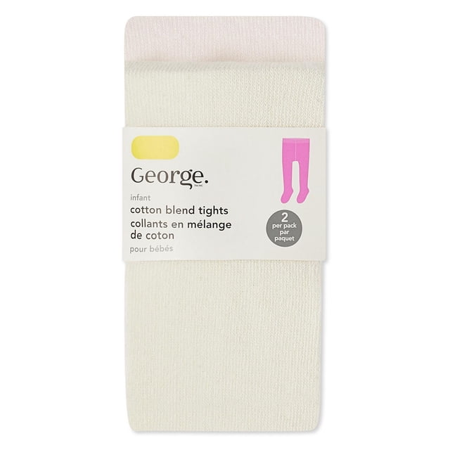 George Baby Girls' Cotton Blend Tights 2-Pack with two pairs of infant cotton blend tights in soft pastel colors, featuring elasticized waistbands and stretch fit for comfort, ideal for layering and pairing with dresses or skirts.