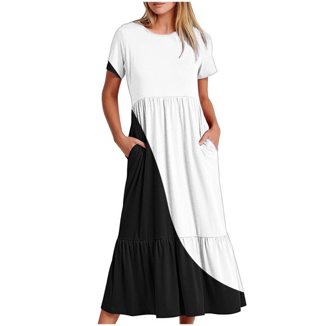 Besolor Robe d'Été Décontractée pour Femme à Blocs de Couleur, Manches Courtes, Col Ras du Cou, Plissée, Fluide, à Étages, Maxi avec Poches