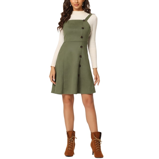 INSPIRE CHIC Robe Salopette Courte Trapèze pour Femme en Faux Suède avec Boutons Décoratifs S Vert Armée