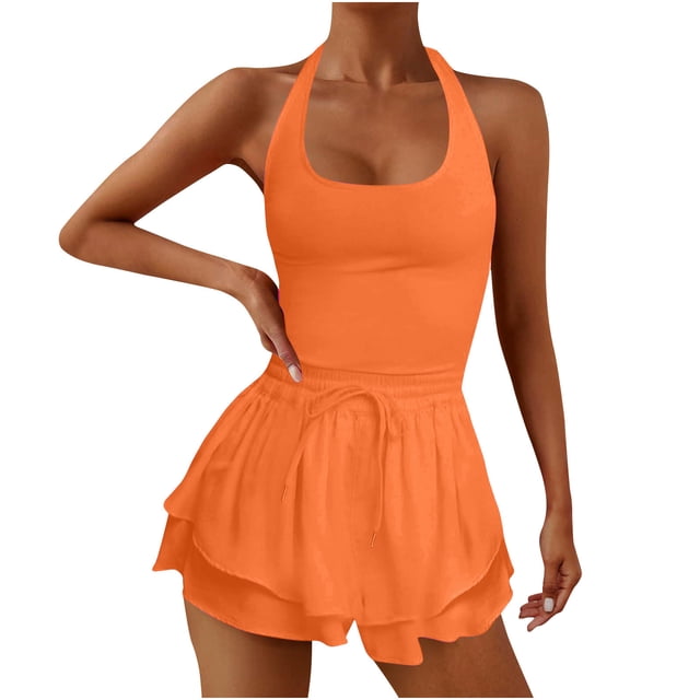 Kaemgyyd Womens Workout Rompers Stretchy Sleeveless Athletic Running One-Piece Outfit Fashion Drawstring Halter Gym Yoga Jumpsuits