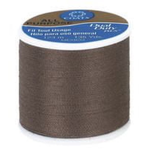 Coats & Clark All Purpose Polyester Thread spool in dark brown, 123 metre polyester-covered thread suitable for hand and machine sewing on knits and woven fabrics, shown front-facing with a white base and blue label, often used for general sewing and craft projects.