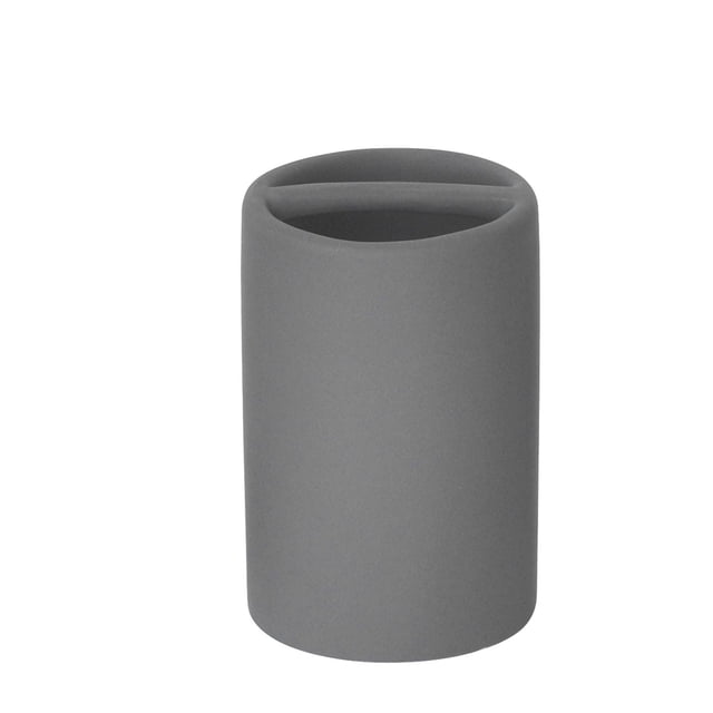 Mainstays Soft Touch Toothbrush Holder in grey rubber coated ceramic with a smooth matte finish, cylindrical shape, and divided top compartment for holding toothbrushes and toothpaste on bathroom countertops, also suitable for storing makeup brushes.