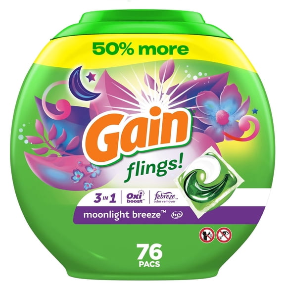 Capsules de détergent à lessive Gain Flings, parfum Brise nocturne, 76 unités