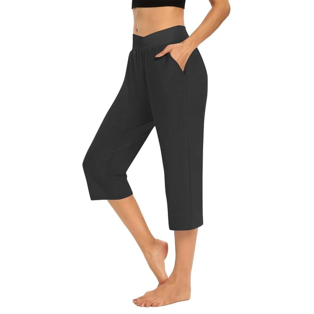 Plebaso Pantalons Capri pour Femmes Taille Haute Croisée Pantalons de Yoga Décontractés Raccourcis avec Poches