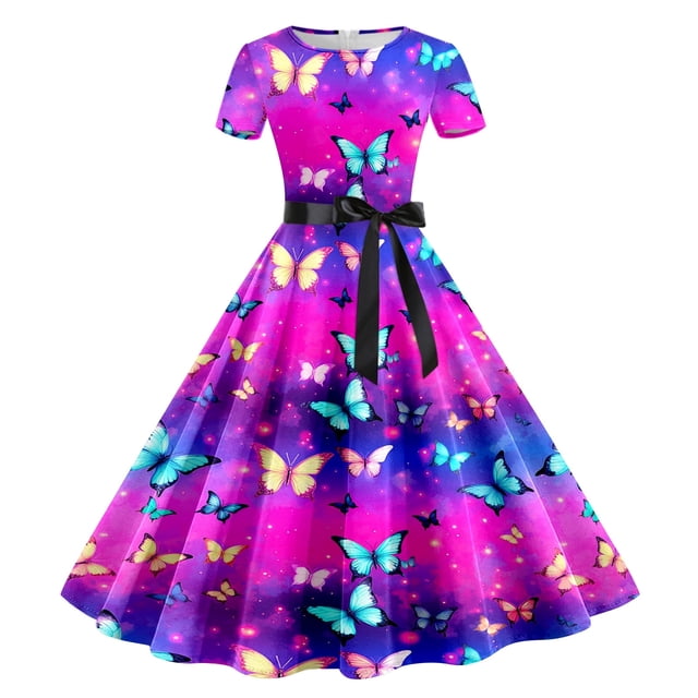 WILLBEST Robe Grise pour Femmes Femmes Imprimé Col Rond Manche Courte Robe de Soirée Bal des Années 1950