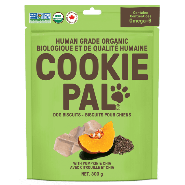 COOKIE PAL Pumpkin & Chia Biscuits human grade organic dog treats 300g in a green resealable pouch with pumpkin slice, chia seeds, and crunchy biscuits, made in Canada with omega-6 to support immune and joint health.
