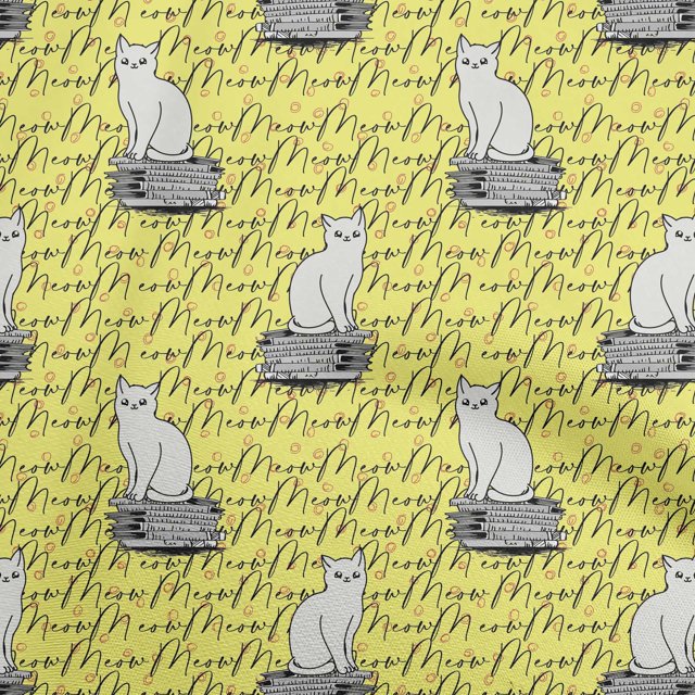 oneOone Viscose Chiffon Yellow Fabric Animal Cat With Text Texture Craft Projects Decor Fabric Printed By The Yard 42 Inch Wide