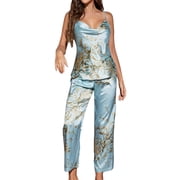 GDREDA Ladies Pyjama Set Little Cherry Print Pajamas Set Spring And Summer Suspenders Trousers Two Piece Set Summer Thin Ice Silk Home Clothes For Women Women Pajama Sets pyjamas Mint Green,XL