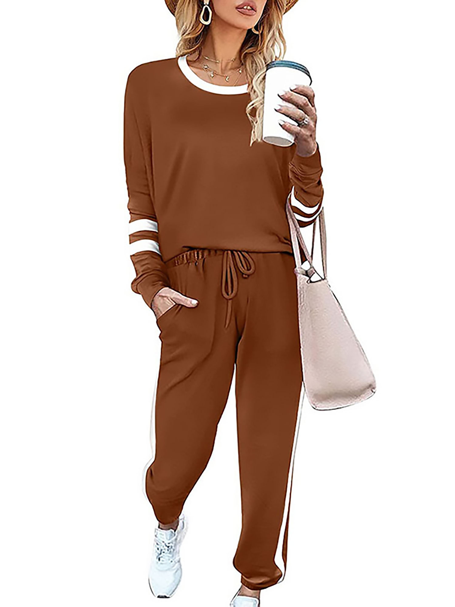 Innerwin Jogger Set Long Sleeve Ladies Sweatsuits Jogging Pullover Loungewear Two Piece Outfit Brown XXL