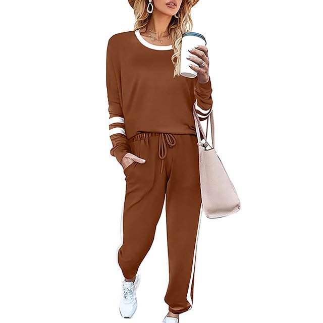 Innerwin Jogger Set Long Sleeve Ladies Sweatsuits Jogging Pullover Loungewear Two Piece Outfit Brown L