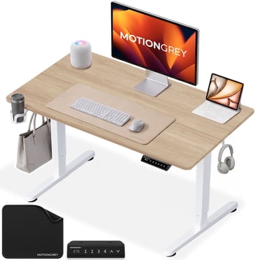 MotionGrey Ergo2 40" x 24" Adjustable Electric Standing Desk - Light Brown Top & White Frame, Sit-Stand Height Adjustable with Memory Settings - Ergonomic for Home & Office