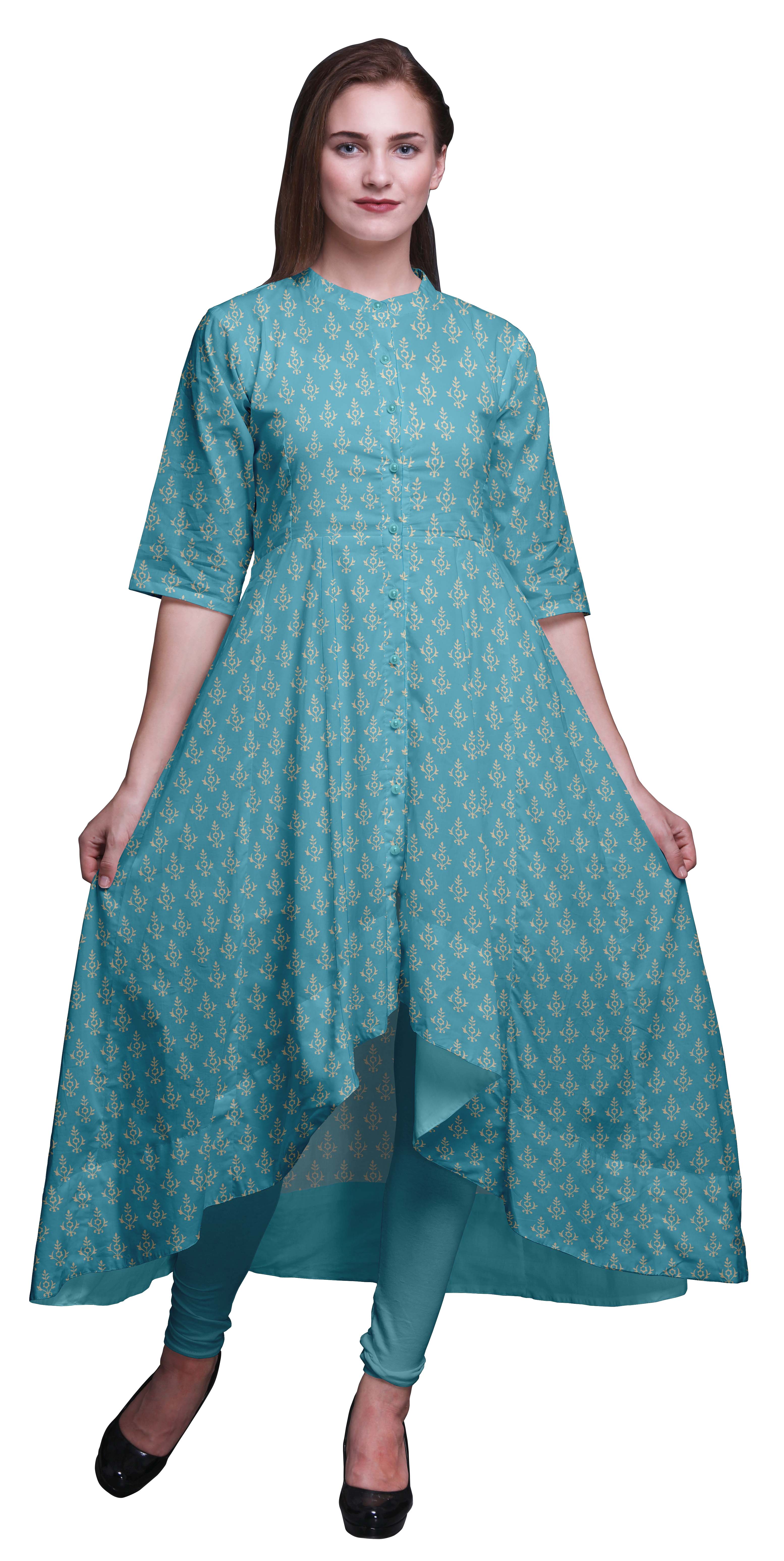 Bimba Robe Anarkali Bleue à Imprimé Floral en Blocs pour Femmes, Col Mandarin, Kurtis Indiens, Kurta Asymétrique - XX-Grand