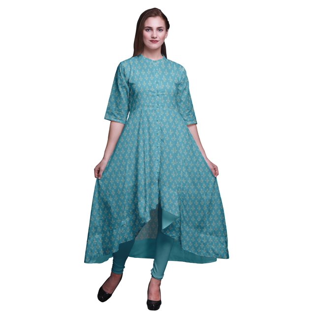 Bimba Robe Anarkali Bleue à Imprimé Floral en Blocs pour Femmes, Col Mandarin, Kurtis Indiennes pour Femmes, Tenue de Fête - Xxx-Grand