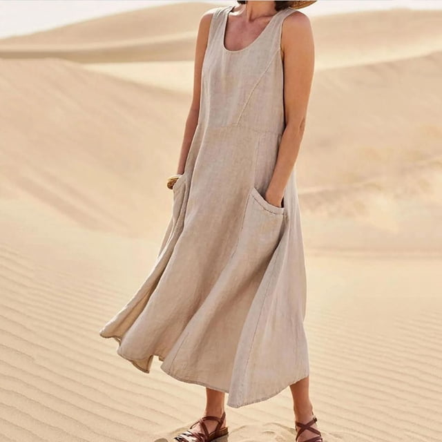 Aqestyerly Robe Longue pour Femme Sans Manches en Coton et Lin Couleur Unie Été Décontractée Coupe Ample Mode Confortable Quotidienne Robe Maxi HWRETIE