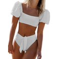 thumbnail image 1 of Womens Cute Solid Bubble Sleeves High Waisted Two Piece Bikini Swimsuit,White,S, 1 of 5