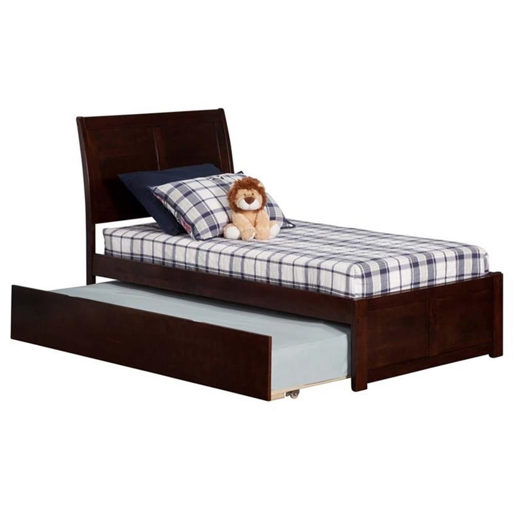 Leo & Lacey Twin Wood Platform Bed with Footboard and Twin Trundle in Walnut