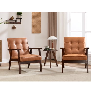 Bonzy Home Ensemble de 2 Fauteuils d'Appoint en Cuir, de Style Moderne du Milieu du Siècle, avec Pieds en Bois Massif, Parfaits pour la Lecture et la Détente. Coussin d'Assise Épais pour le Salon Ou la Chambre, Marron.