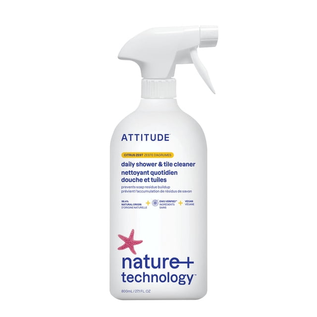 Attitude Daily Shower & Tile Cleaner Citrus 800ml, hypoallergenic vegan bathroom and tile cleaner with antibacterial green tea extract and no-rinse formula; suitable for sensitive skin and often used for daily mildew prevention on shower stalls and grout.