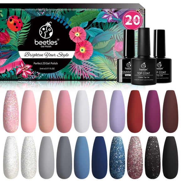 Beetles Ensemble de Vernis Gel 20 Pcs, Collection Modern Muse Lampe à Ongles Trempable Nude Gris Rose Bleu Pailleté, Trousse de Départ de Vernis Gel avec Couche de Base Gel Brillante et Mate, Cadeaux d'Ongles d'Halloween pour Femmes