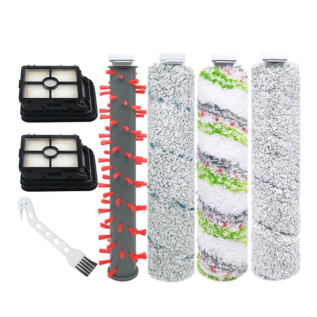 Roller brush filter replacement accessories compatible with Bissell CrossWave Cordless Max models, including 2787, 2788, 2554, and more. The set includes a pet brush, carpet brush, wood floor brush, multi-surface brush, two filters, and a cleaning tool. Designed for wet-dry vacuum cleaning on hardwood, tile, laminate, linoleum, area rugs, and carpets. Brushes feature dual-action microfiber and nylon bristles for mopping and scrubbing. Filters and brushes are shown in a front-facing arrangement.