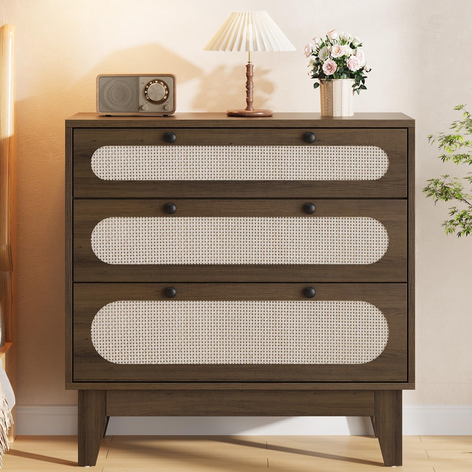AKDSteel Nightstand, Tall Bedside Table With 3 Rattan Drawers, Boho Style Night Stand With Handles And Wooden Legs, Spacious End Table Dresser For Bedroom, Sofa, Or Couch Storage
