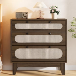 EDTara Grande table de chevet avec 3 Tiroirs à rotin, Table de chevet Boho comprend poignées et jambes en bois, commode de table de fin spacieuse pour rangement dans la chambre ou à côté canapé et canapé