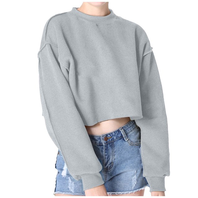 Yuyuzo Chandails en Molleton Courts pour Femmes Manches Longues Couleur Unie Col Rond Ample Décontracté Automne Pull Tops