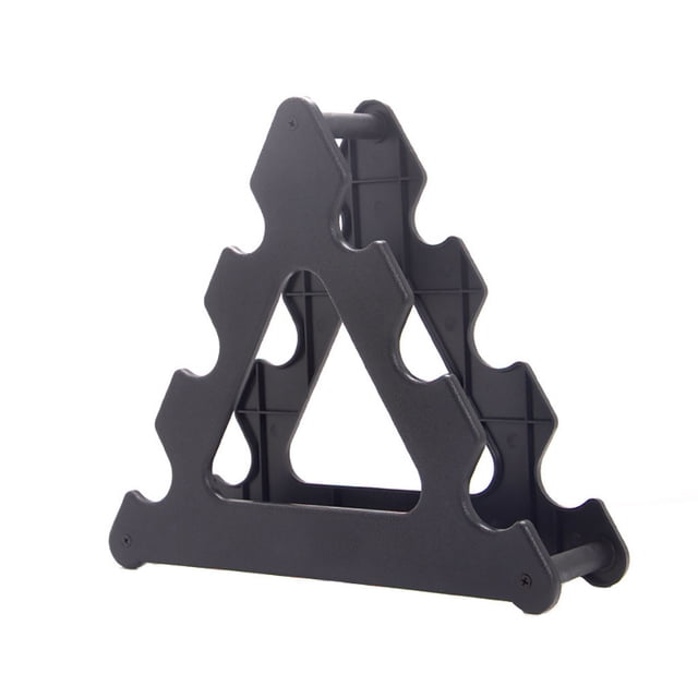 Dumbbell Rack Stand 3 Tier Dumbbells Hand Weights Sets Holds 30 Pounds. A compact, black, triangular tree design rack made of durable PP material, capable of holding up to three pairs of dumbbells. The rack measures 33 x 29 x 8.5 cm and features a lightweight, portable design for easy storage and organization of hand weights.