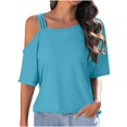 thumbnail image 2 of Meichang Women's Cold Shoulder Tops Short Sleeve Square Neck T Shirts Solid Color Basic Summer Tees Spaghetti Straped Casual Vacation Tees, 2 of 8
