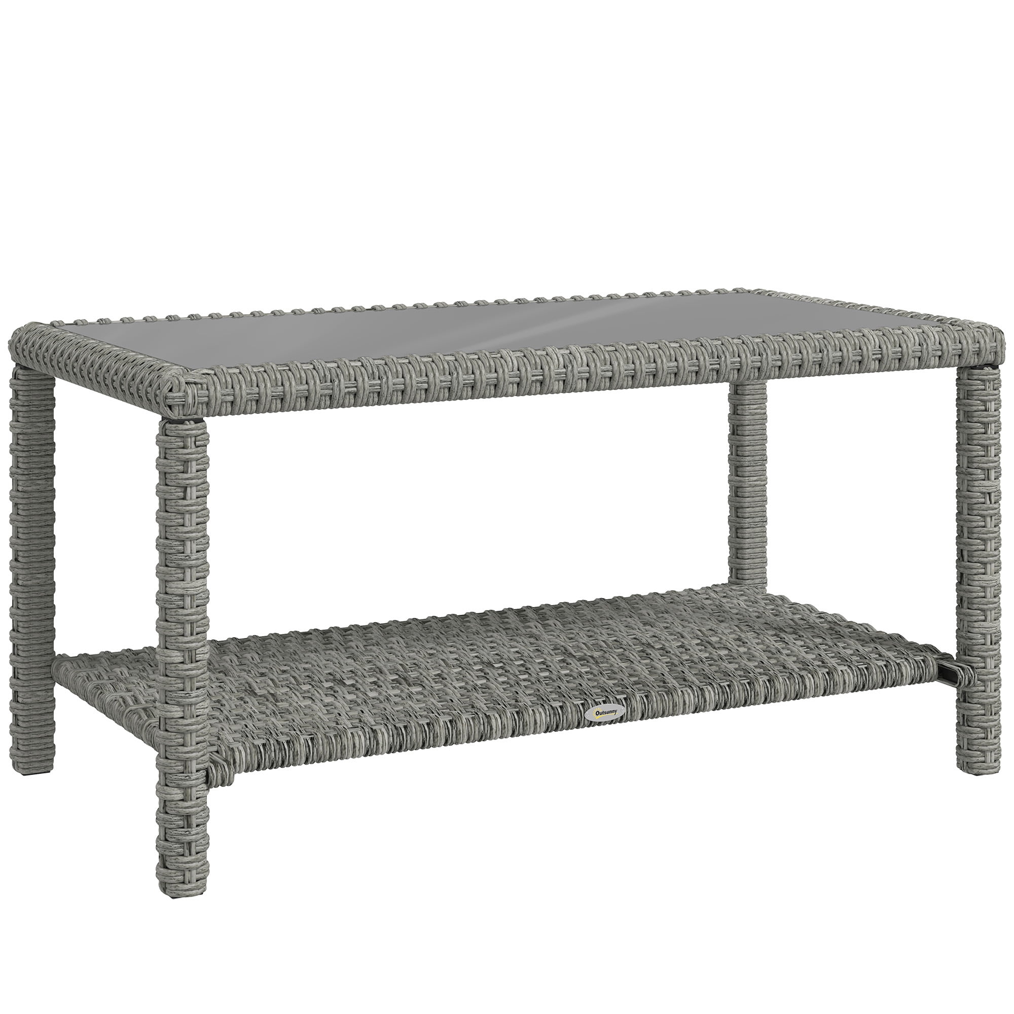 Outsunny Table Basse en Osier de 35 Pouces, Table d'Appoint avec Dessus en Verre, Rangement, Gris Foncé