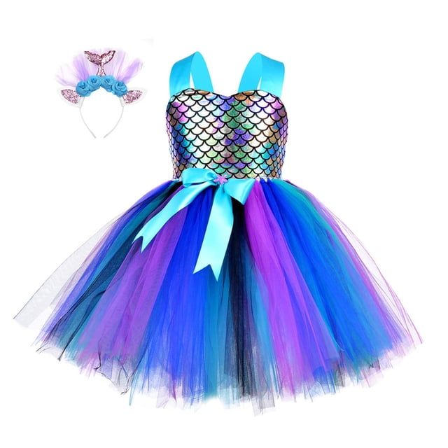 MIASHUI Robe de Demoiselle d'Honneur Sans Manches à Bretelles, Ensemble Sirène Princesse avec Bandeau, Bleu, 2-3 Ans