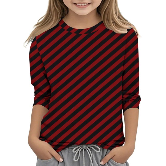 MeetoTime T-Shirt à Manches 3/4 Rayé Imprimé pour Enfants Col Rond Décontracté Ample Blouses pour Garçons Filles 3-12 Ans