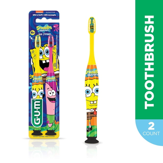 GUM® SpongeBob® Toothbrush, Ultra Soft Bristles, 6+ features two kid's manual toothbrushes with SpongeBob SquarePants and Patrick Star designs, ultra-soft bristles for gentle cleaning, tongue cleaner on back, and suction cup bases for upright storage.